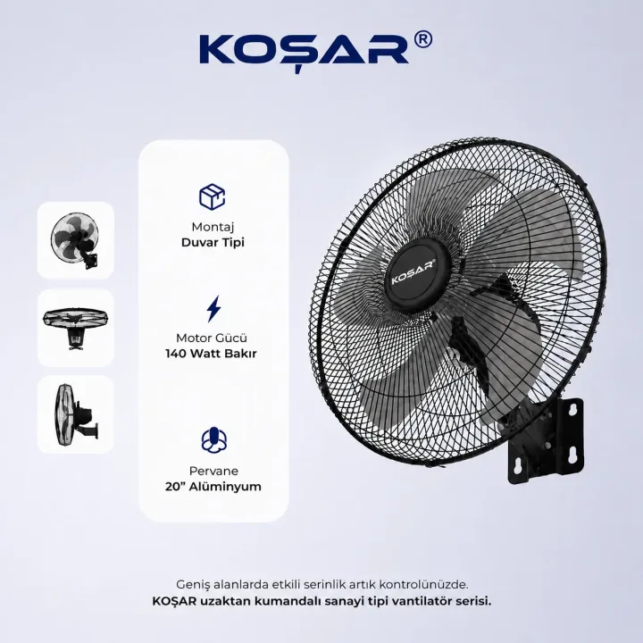 Koşar KSV-DK500 uzaktan kumandalı sanayi tipi duvar vantilatörü
