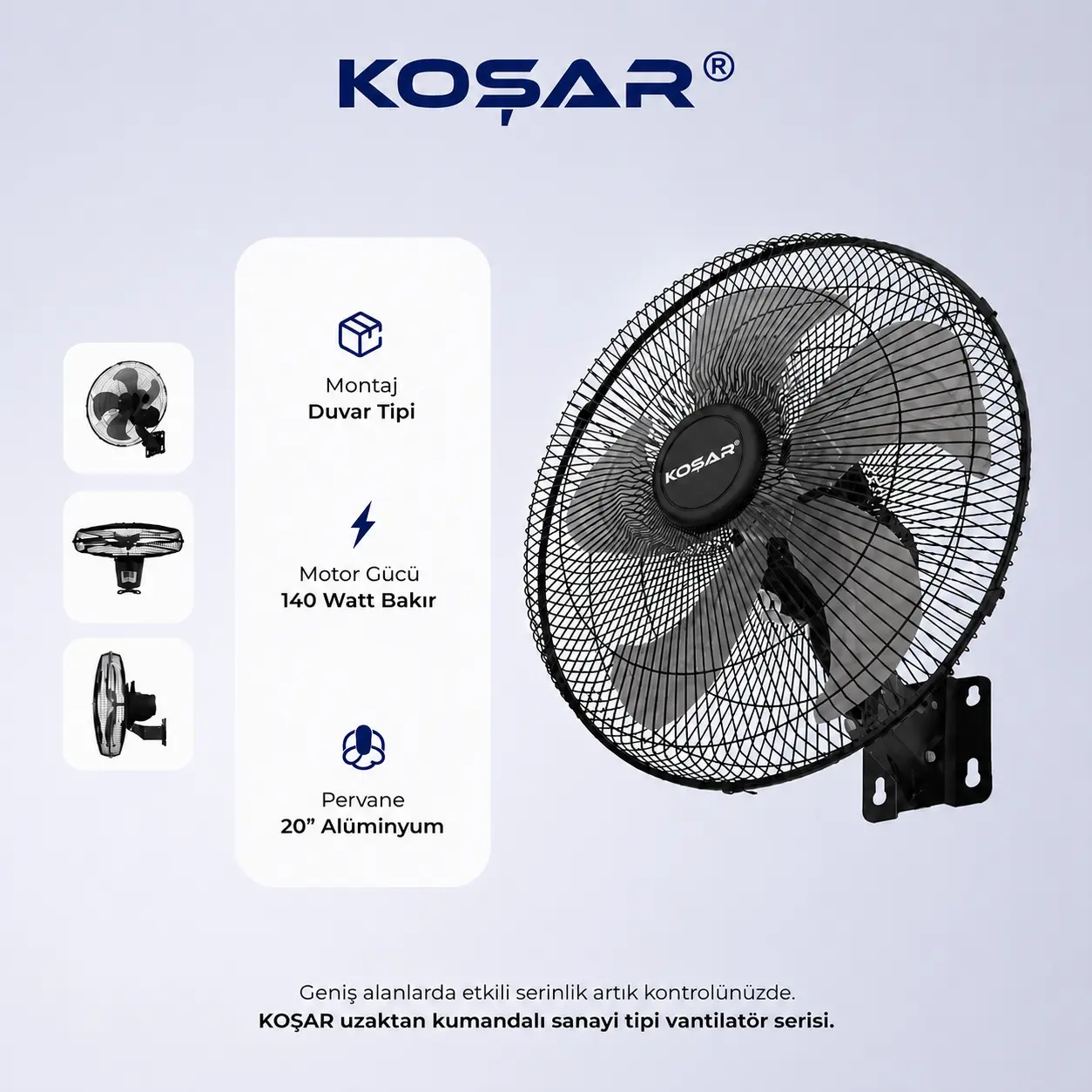Koşar KSV-DK500 uzaktan kumandalı sanayi tipi duvar vantilatörü